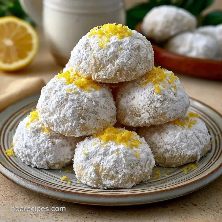 Powdered sugar cookies arranged on a white ceramic platter with bright yellow lemon slices and fresh mint leaves.