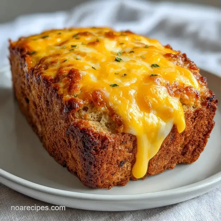 A thick slice of glazed meat with a molten cheese center on a white plate paired with a swirl of smooth potato puree.