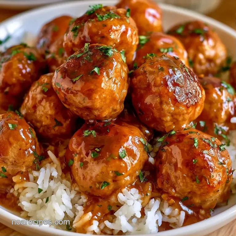 Tender meatballs nestled on a bed of steamed rice, drizzled with glossy sauce and sprinkled with fresh green parsley.