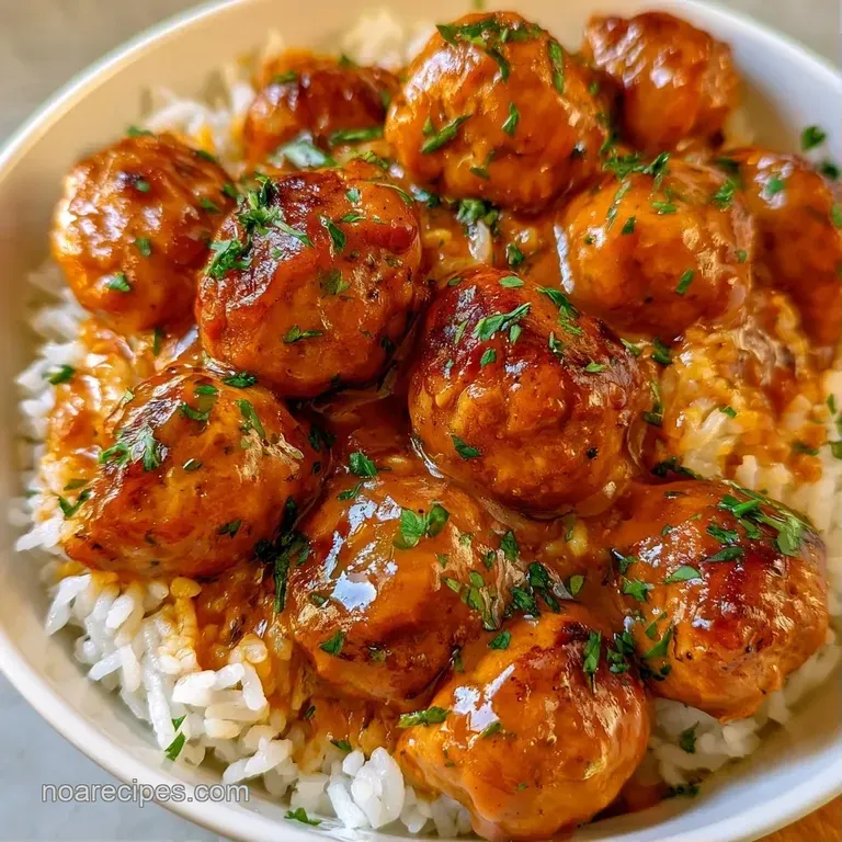 Elegantly plated white rice topped with rich brown gravy and seared meatballs, garnished with fresh chopped parsley.