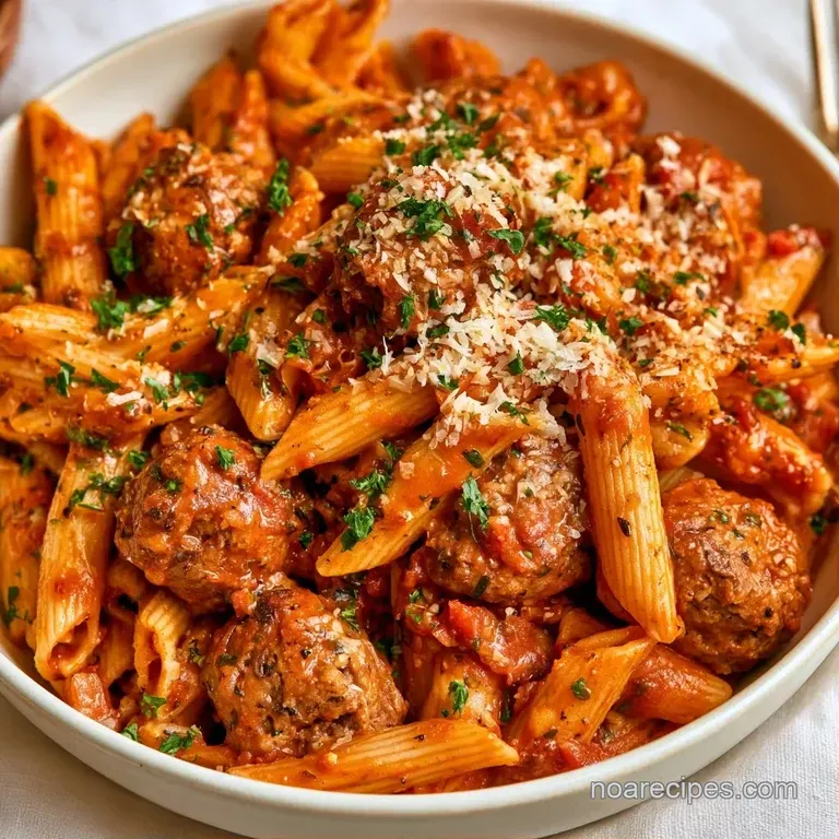 Swirls of creamy pasta and browned meatballs in a white ceramic bowl garnished with a sprinkle of green herbs.