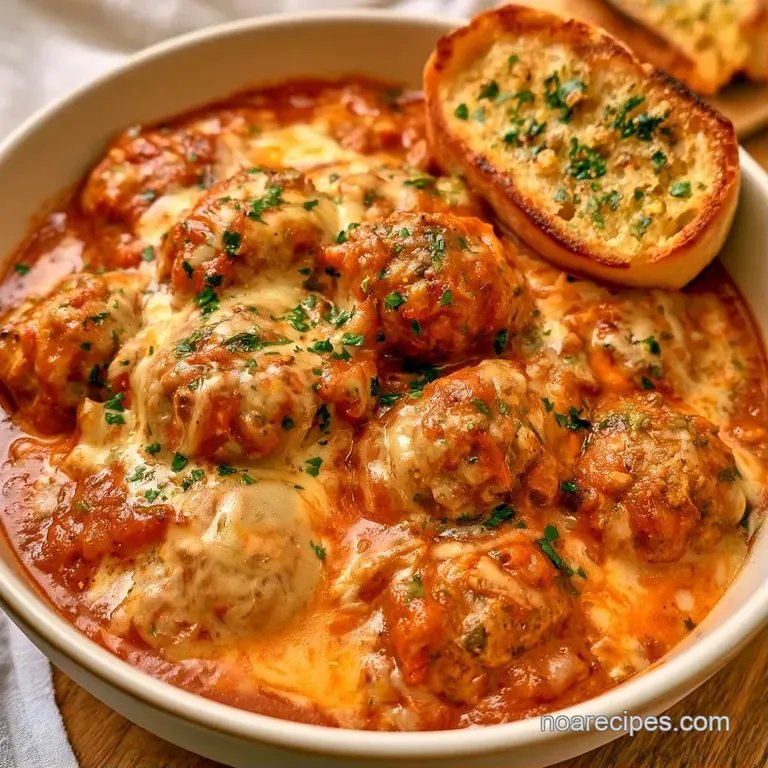 A hearty slice of cheesy meatballs and toasted bread on a ceramic plate, topped with fresh green parsley sprigs.