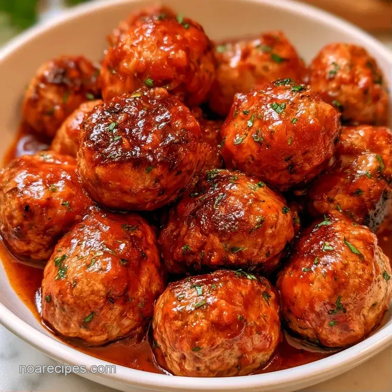 Three succulent meatballs nestled on creamy polenta, drizzled with vibrant tomato sauce and fresh basil.
