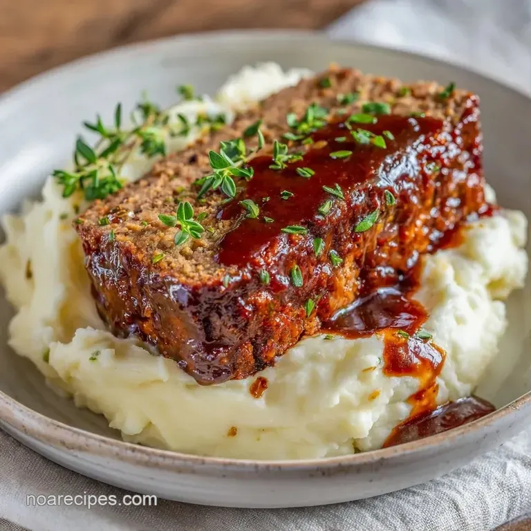 A slice of seared brown meat resting on a swirl of fluffy white potatoes, drizzled with glossy brown sauce
