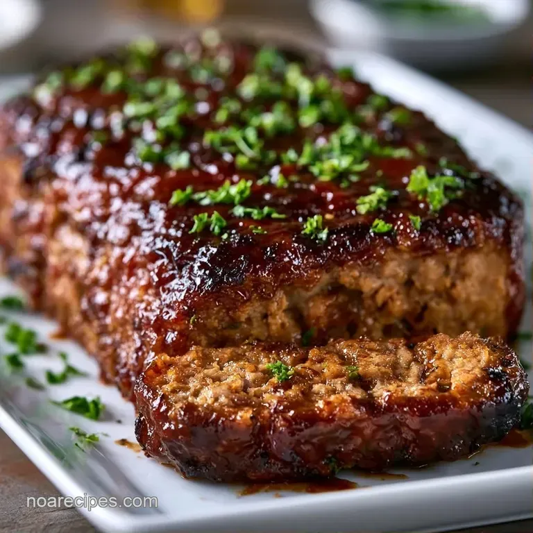 Glazed savory slice atop a swirl of buttery mashed potatoes, garnished with a sprig of fresh, bright green parsley.