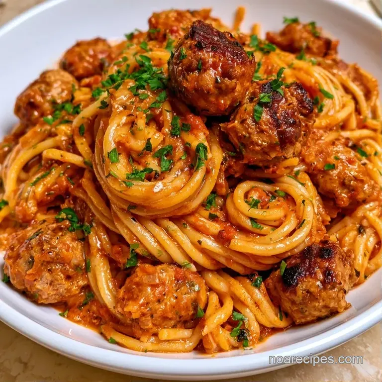 Twirled pasta nests paired with browned meatballs in a deep red sauce on a white ceramic plate with basil leaves.