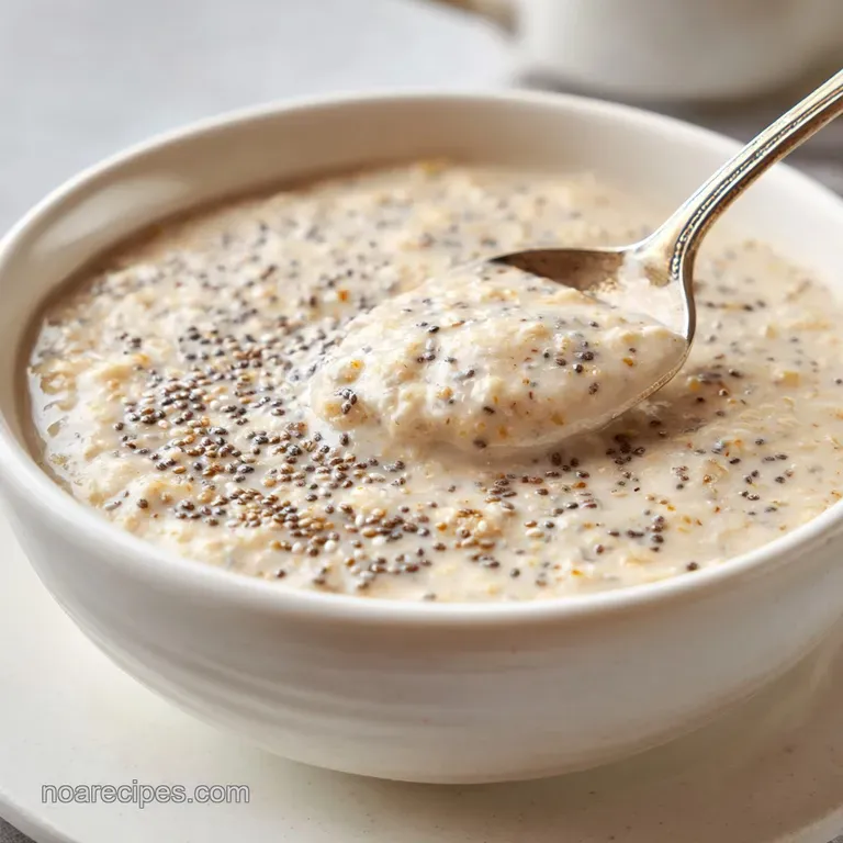 Elegant glass parfait showing creamy white layers and chia seeds, crowned with fresh raspberries and a honey swirl.