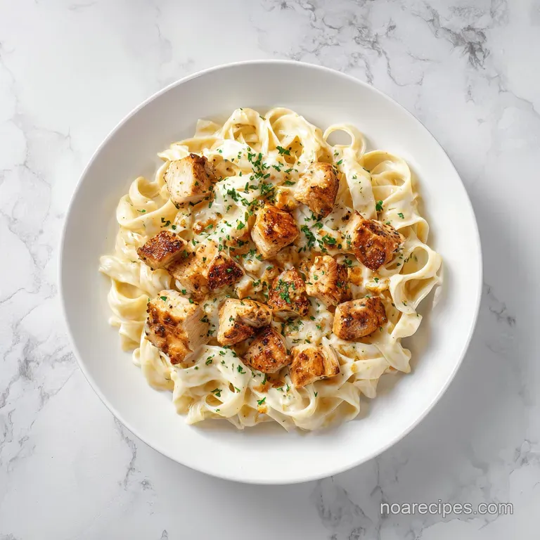 Elegantly swirled pasta coated in a glossy white sauce, plated on a dark ceramic dish with a sprig of fresh basil.