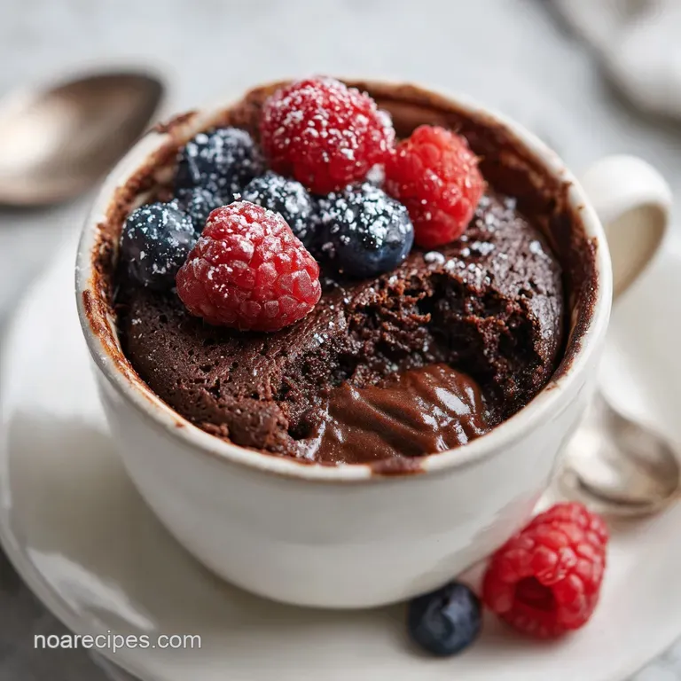 Rich, dark chocolate mug cake elegantly topped with a dollop of whipped cream and a sprinkle of cocoa powder.