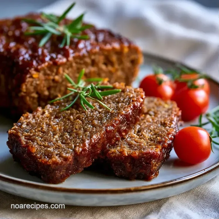 A thick slice of glazed meatloaf paired with creamy mashed potatoes and bright green peas on a white ceramic plate.