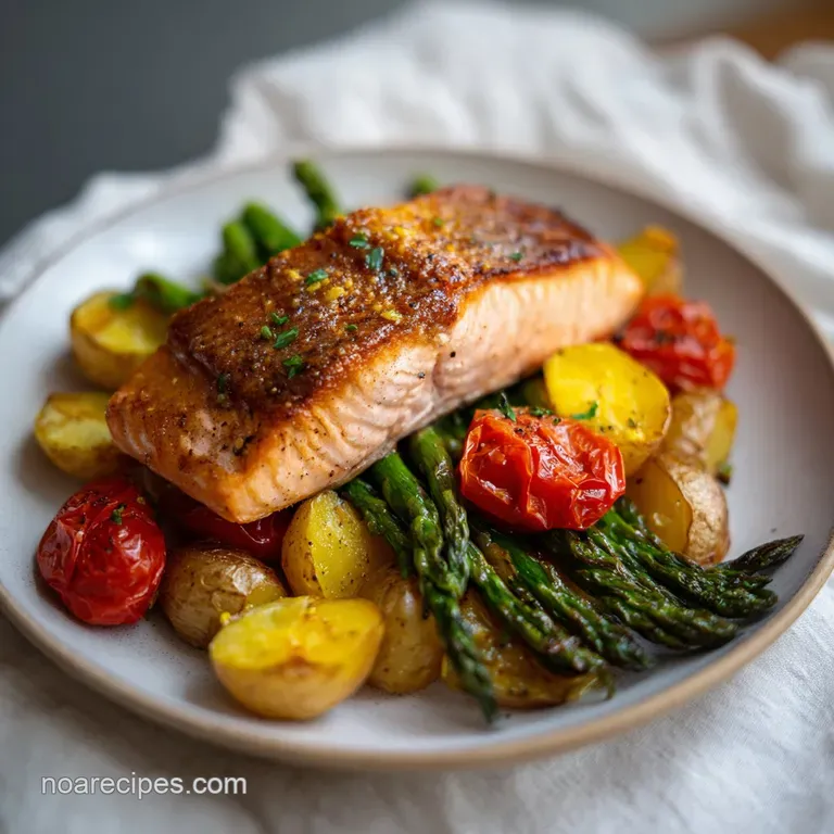 A seared salmon fillet resting on crisp asparagus and golden potatoes, garnished with a fresh lemon wedge and herbs.