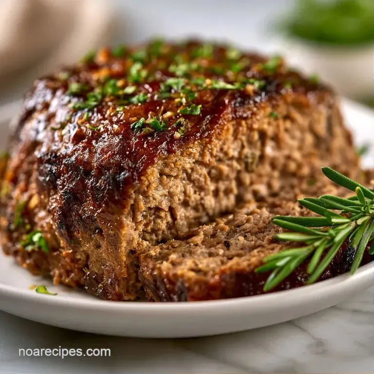 Sliced savory meatloaf with a sticky glaze next to creamy mashed potatoes and bright green steamed beans.