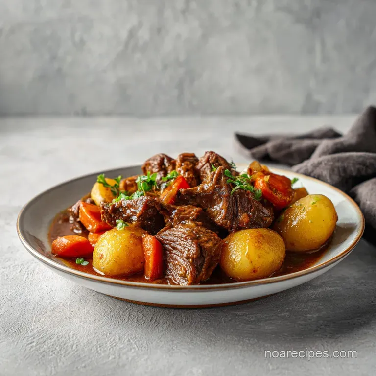 A steaming bowl of savory beef stew, showcasing tender meat and vibrant vegetables, ready to be enjoyed.