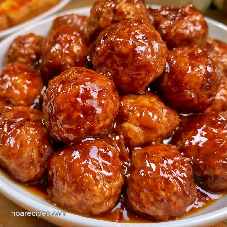 Shiny, sticky meat spheres arranged on a white platter, drizzled with rich syrup and garnished with fresh chives.