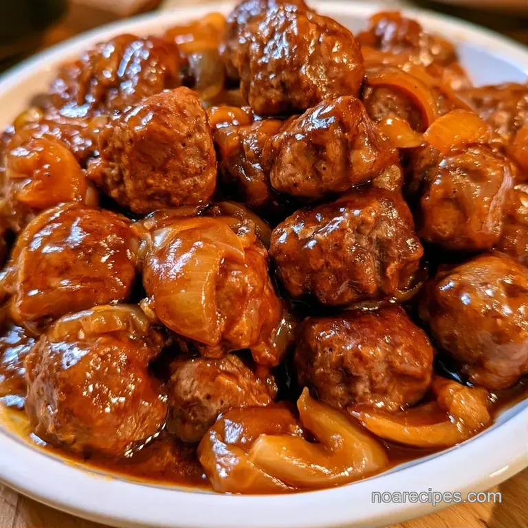 Savory brown spheres glazed in rich sauce over creamy mashed potatoes, garnished with finely chopped green herbs.
