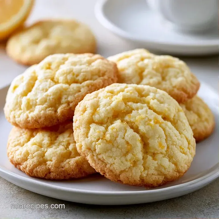 A stack of pillowy pale yellow cookies garnished with fresh lemon slices and mint on a rustic grey stone plate.