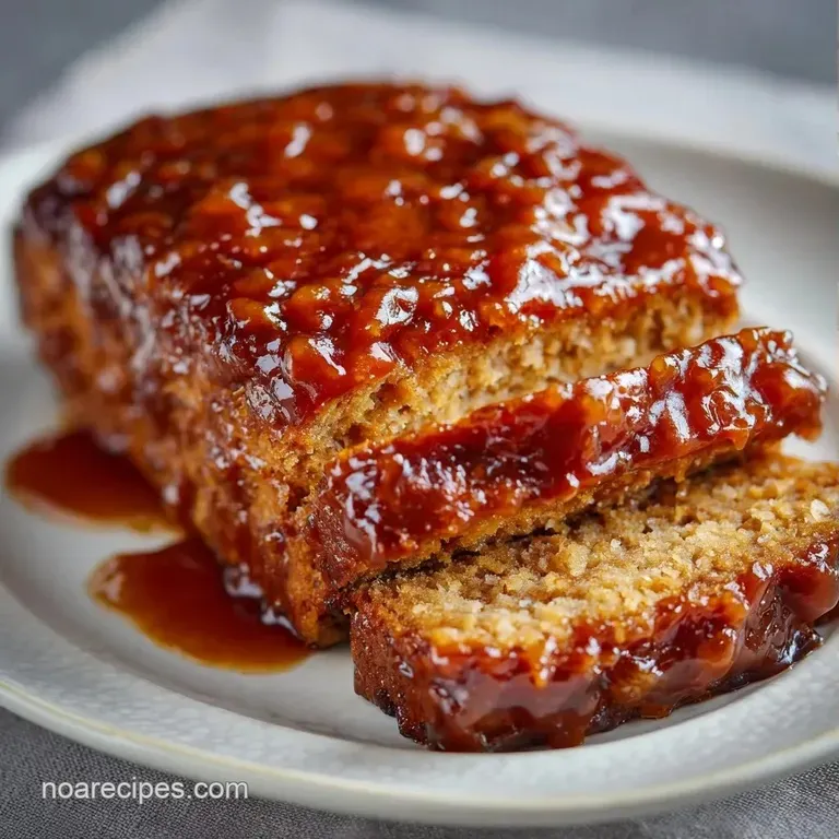 A thick slice of caramelized meatloaf beside creamy mashed potatoes and vibrant steamed green beans on a plate.