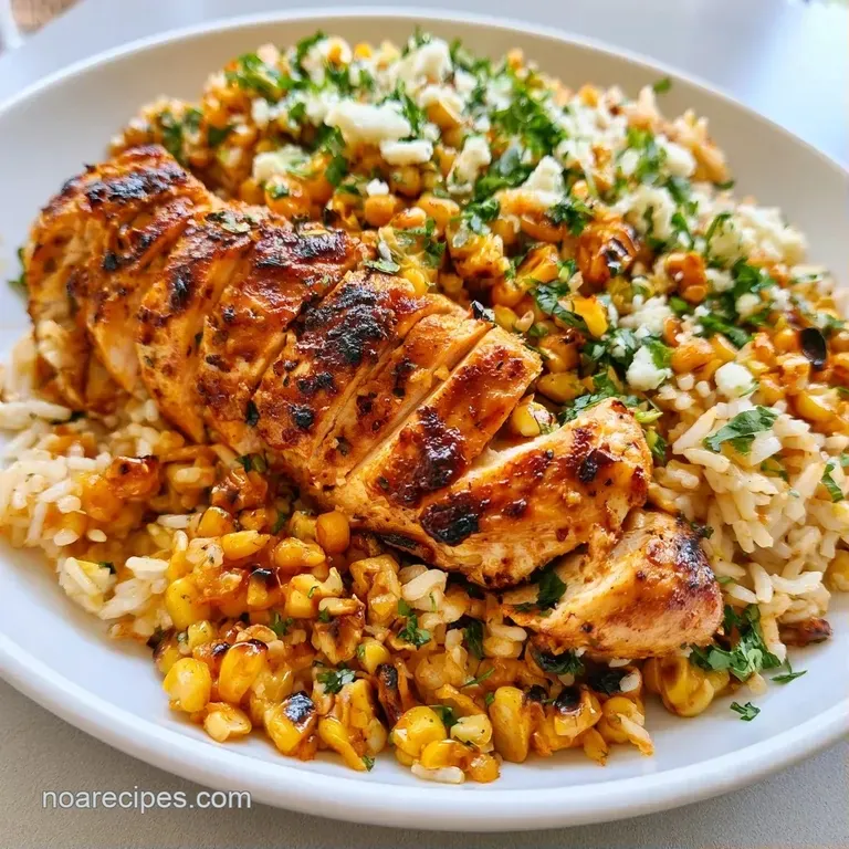 Artfully arranged bowl of grilled chicken and charred corn topped with creamy sauce and bright green cilantro.
