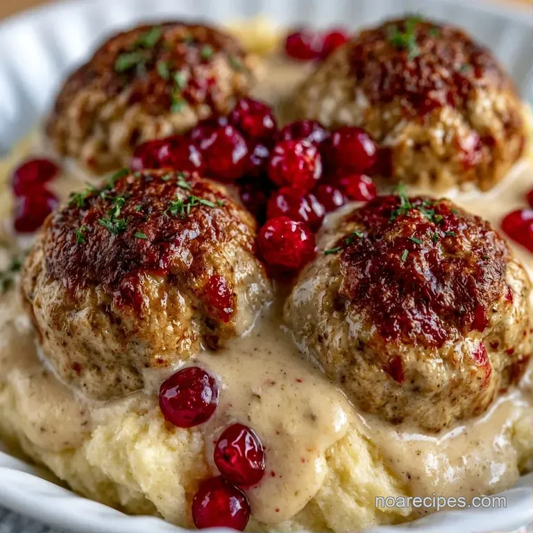 Perfectly round browned meat spheres drizzled in a glossy cream sauce on a white plate with a dollop of red jam.