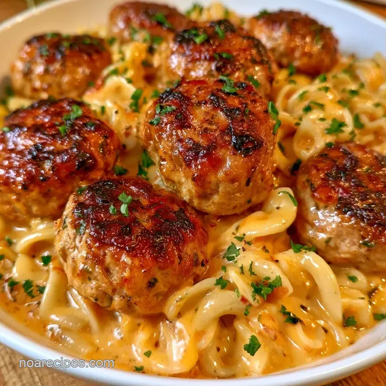 Brown glazed meatballs served over buttery egg noodles in a white ceramic bowl with a sprig of fresh parsley