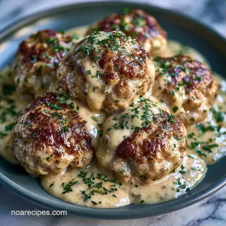 Elegant white plate showcasing seared meatballs in a rich, glossy brown gravy with bright red berries.