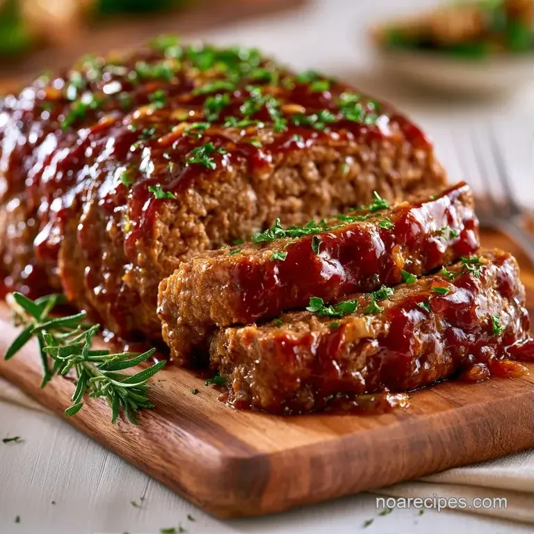 Thick slice of savory glazed meat on a ceramic plate, garnished with fresh parsley and a side of buttered peas.