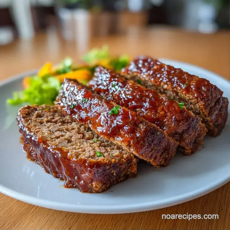 Thick slice of savory glazed meatloaf paired with creamy mashed potatoes and bright green peas on a white plate.
