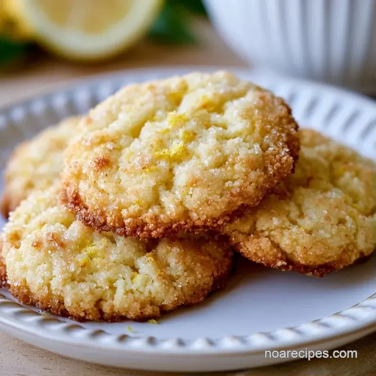 Pale yellow cookies stacked neatly on a ceramic plate, dusted with fine sugar and garnished with fresh lemon slices.