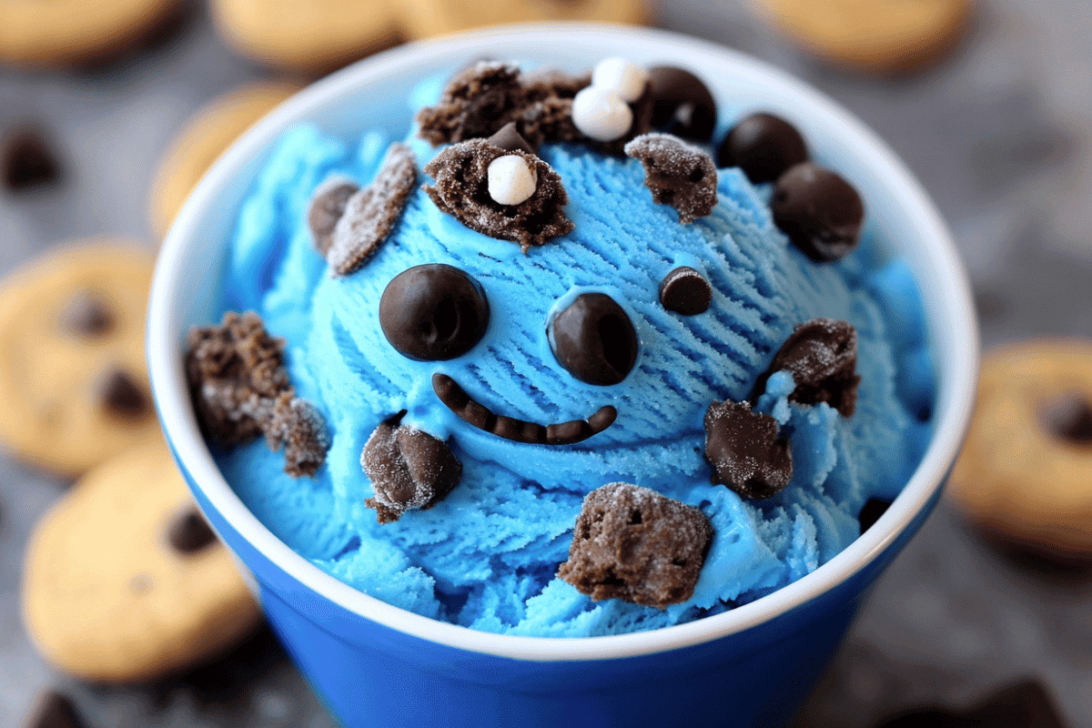 Blue cookie ice cream, homemade cookie ice cream, monster-themed ice cream, cookie chunk ice cream